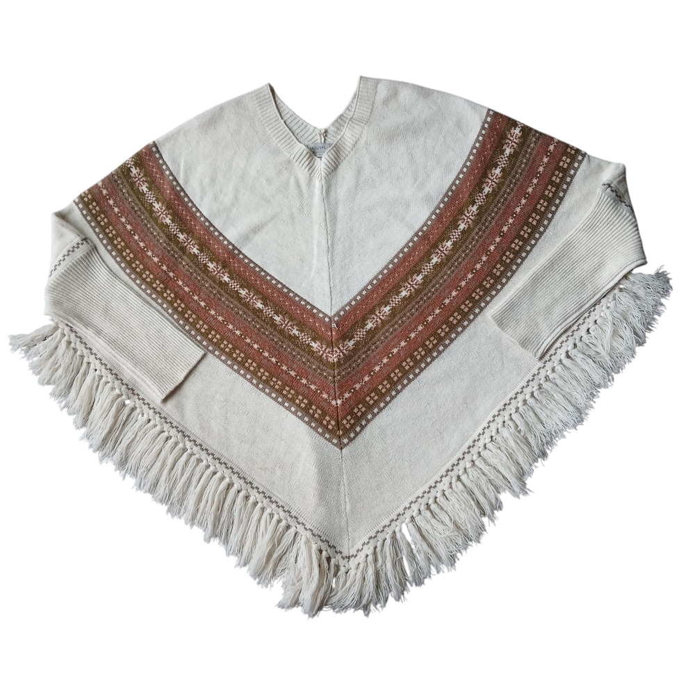 Multiples Cream and Brown‎ Fringed Poncho